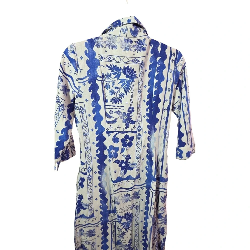 Joie Blue White Linen Rayon Floral Batik Midi Shirt Dress Small - Picture 8 of 11